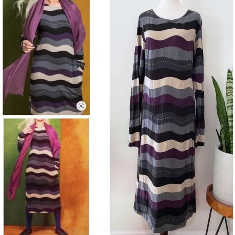 GUDRUN SJODEN Wavy Stripes with Dots Patterned Midi Dress - L